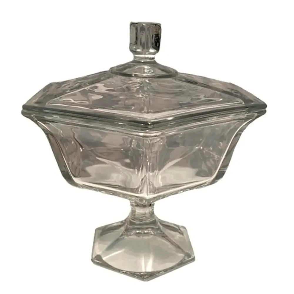NWOT 8” Candy Pedestal Dish w Lid Cover Hexagonal‎ - Pressed Clear Crystal Glass